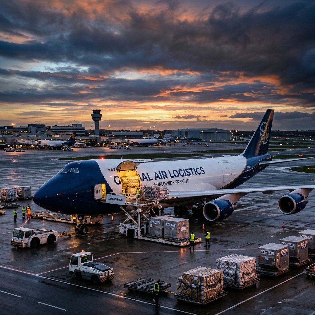 Air cargo being loaded onto a freight aircraft