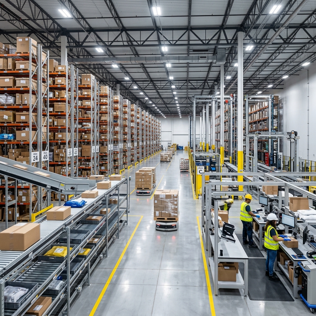 Modern warehouse interior with shelving and forklifts
